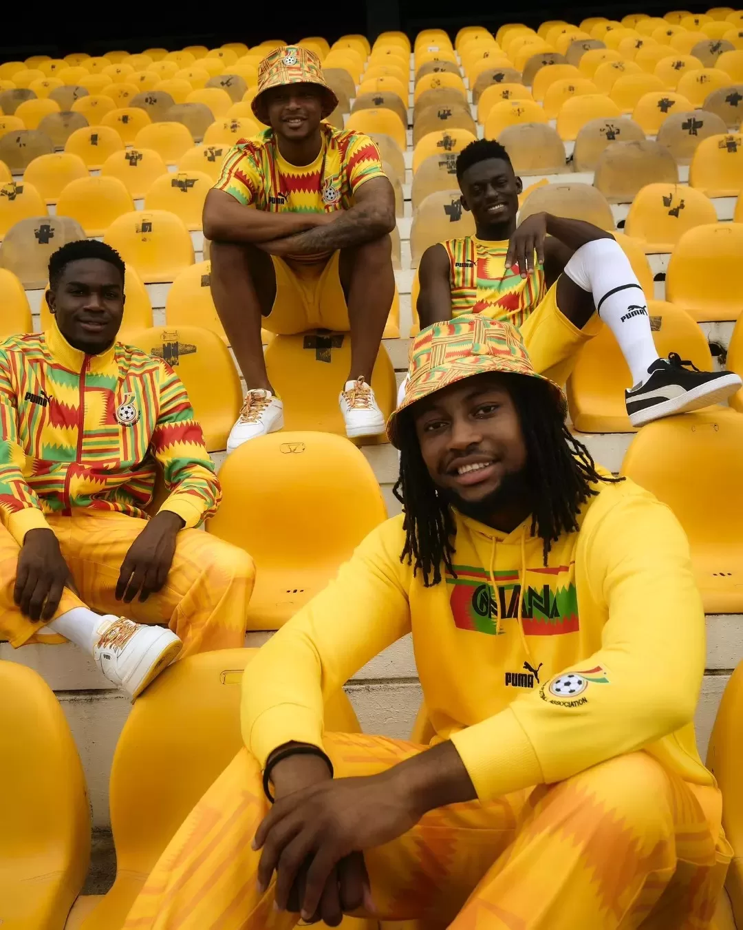 The fanwear collection is available in a range of patterns and styles, with the prominent colours of the Ghanaian flag being red, yellow, and green. Antoine Semenyo, Mohammed Kudus, and Baba Iddrisu were photographed wearing the new fanwear during the reveal event, displaying their enthusiasm and support for this fantastic release.